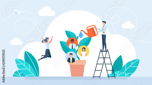 Business manager watering money plant with office employee avatars. HR department cultivating team talents, career growth or corporate mentoring concept. Flat illustration
