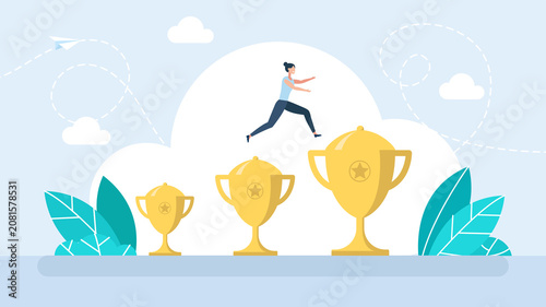 Successful businesswoman jumping on growing golden trophy cups. Professional career development, corporate motivation, business goals achievement or motivation concept. Flat illustration