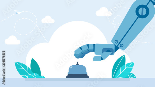 Futuristic robotic hand ringing service bell on hotel reception desk. Artificial intelligence automation in hospitality, digital smart concierge or virtual assistant concept. Flat illustration