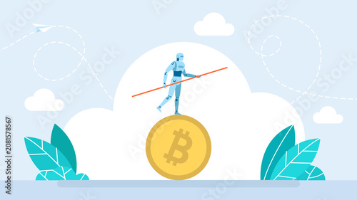 Futuristic AI robot balancing on giant golden bitcoin coin. Cryptocurrency trading risk management, artificial intelligence automation in corporate financial crypto market. Flat illustration
