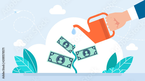Investor hand watering financial money tree plant. Conceptual illustration of capital investment, financial business growth, revenue generation or passive income. Flat illustration