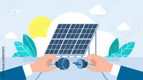 Hands connecting electric plug and socket with solar panel background. Renewable green energy concept, sustainable clean power generation or alternative electricity network. Flat illustration