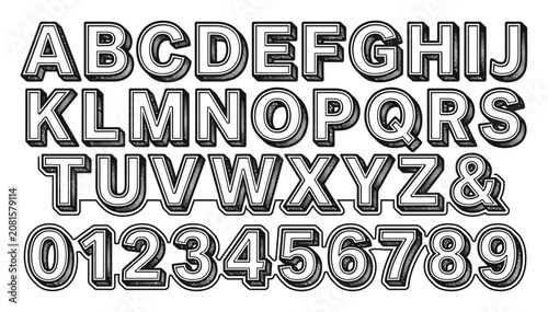 ビンテージスタイルの立体的なアルファベットと数字のセットデザイン