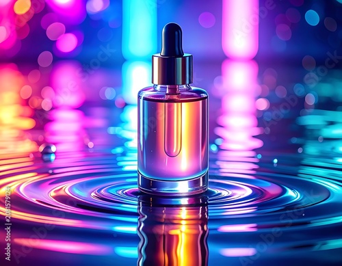 A glass dropper bottle floats on rippling water with colorful lights