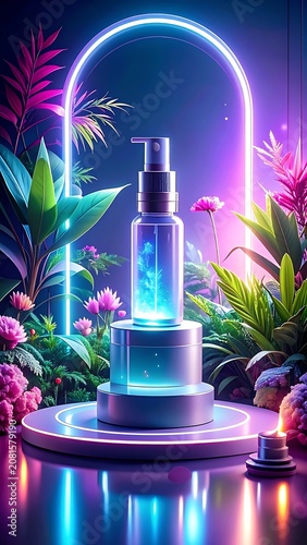 A glowing blue bottle on a pedestal in a neon-lit garden