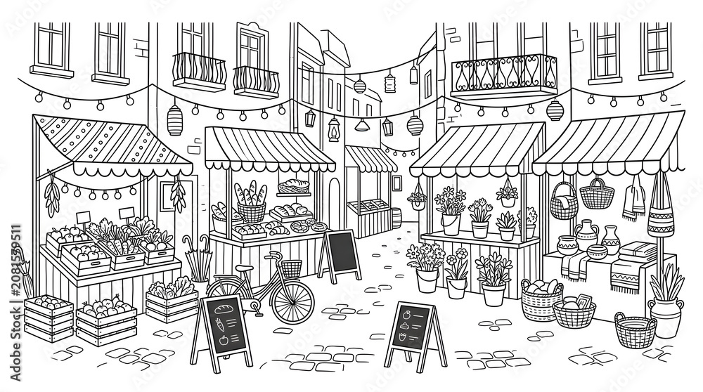Obraz premium Outline vector drawing of an outdoor farmers market in a cozy old town street