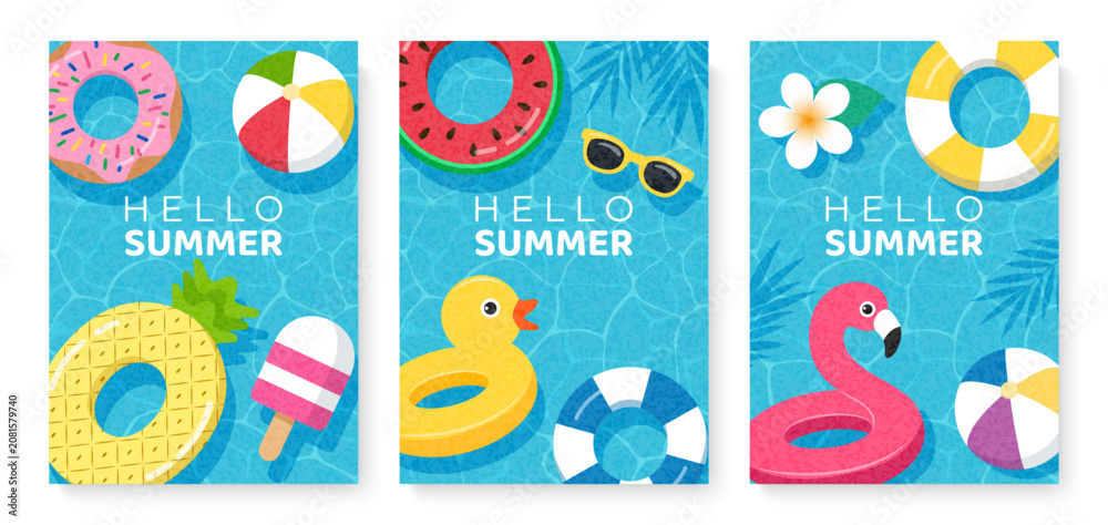 Fototapeta premium Hello Summer pool party posters with inflatable rings, beach ball, flamingo, duck, donut, watermelon floaties and ice cream on blue water ripple background. Vector illustration.