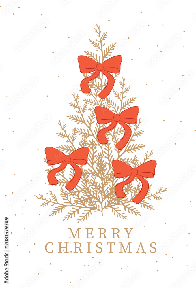 Fototapeta premium Merry Christmas greeting card with abstract Christmas tree made of gold branches and decorated with red bows. Minimalist winter holiday vector illustration on white background.