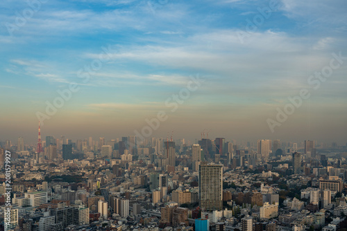 Foto Tokyo cityscape with Tokyo Tower standing out amidst a skyline shrouded in a thick layer of yellow dust and atmospheric haze