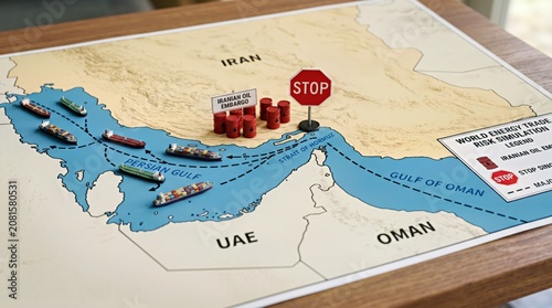 World Energy Trade Simulation Board Showing Strait of Hormuz Iranian Oil Embargo Stop Signs and Ships