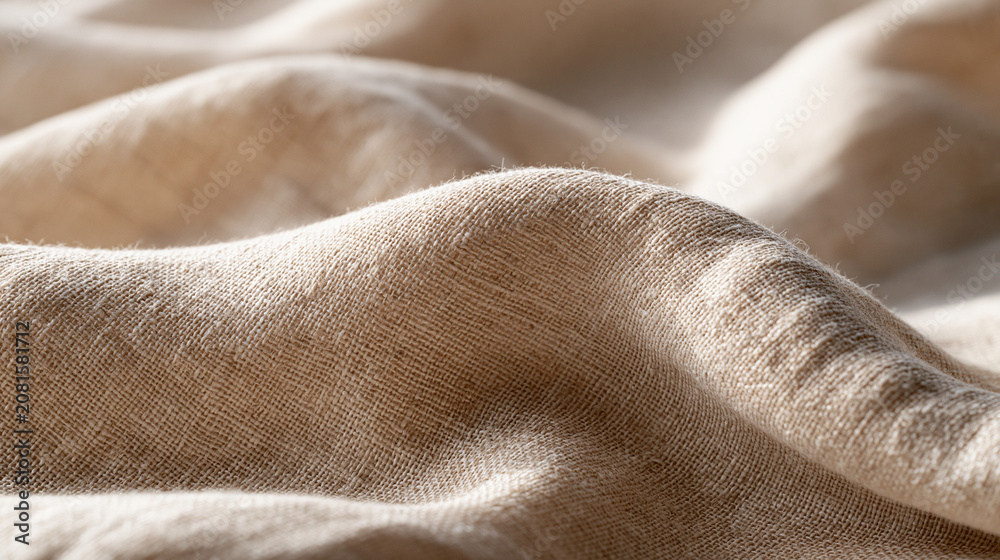 Fototapeta premium Natural unbleached linen fabric stretched over a frame catches warm noon window light, revealing subtle warp-and-weft grain perfect for organic textile brands, slow-fashion