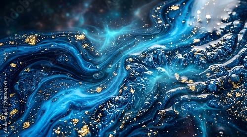 Abstract blue liquid marble background with shimmering gold glitter particles