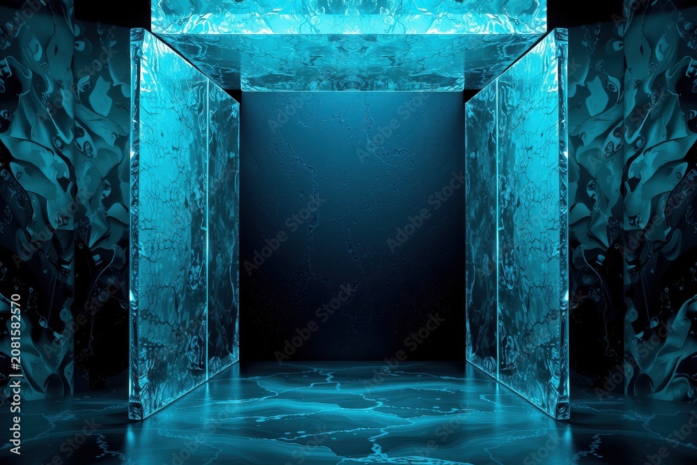 Fototapeta premium Abstract blue structure. Glowing ice walls create portal effect. Dark background emphasizes cool tones, depth. Minimalist design.