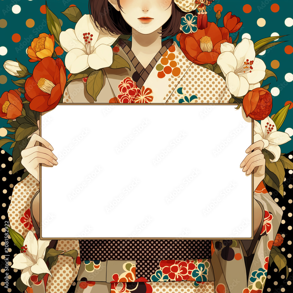 Fototapeta premium 華やかな和柄と花に囲まれた着物姿の女の子が空欄ボードを持つアニメ風イラスト、椿、水玉模様、花飾り、メッセージカード、文字入れ、案内、告知、年賀状、挨拶状、招待状、正月、成人式、祝い、イベント、広告、販促、店舗POP、チラシ、ポスター、SNS投稿、バナー、サムネイル、テンプレート、フレーム、かわいい、上品、ポップ、和装、振袖、背景素材、商用利用、見出し、案内文、空欄、季節素材、お知らせ、和風デザイン