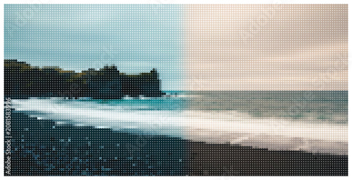 Abstract dotted landscape representing sea coastline with rocky cliff wall.