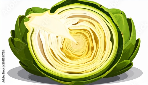Fresh green cabbage cut in half showing inner leaves.