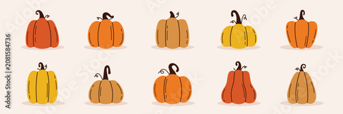Set of simple and minimalist pumpkin illustration set with flat and hand drawn design style isolated on horizontal background perfect for Halloween, Thanksgiving, and seasonal design projects.