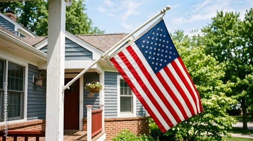 American flag hanging on a house porch during a sunny summer day