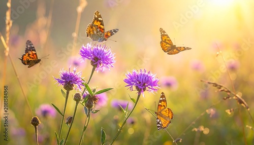 Monarch butterflies on blooming purple wildflowers in meadow.