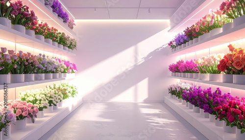 Modern indoor garden pathway with lush tropical plants and flowers.