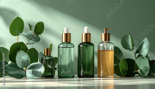 Glass bottles with green herbs and white stones on window sill.