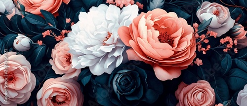 A profusion of soft peach and blush roses, peonies, and dark leaves.  Delicate blooms in various shades, creating a lush floral display
