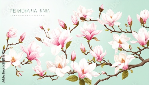 Pink cherry blossoms on light green background with leaves.