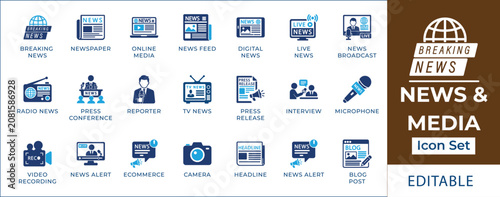 Cuadro en lienzo News and media icon set featuring breaking news broadcasting, live television interview, newspaper press release, journalism microphone, video camera recording, and blog symbols