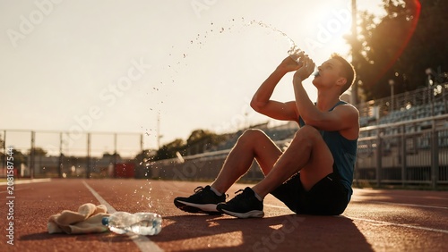 Man splashing water and drinking on a track after exercise