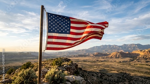 American flag waving in the wind over a desert mountain landscape at sunset