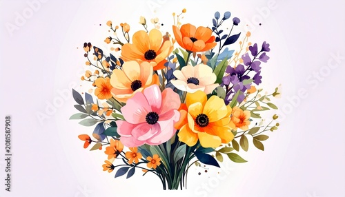 Colorful abstract floral arrangement with bright petals and greenery.