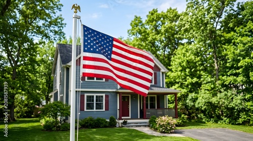 American flag waving on a pole in front of a house on a summer day