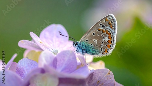 Butterfly perched on blooming purple flowers close up.