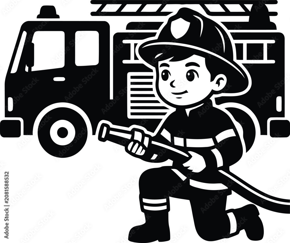 Obraz premium A happy young firefighter in uniform kneeling down holding a fire hose in front of a large red fire truck engine.