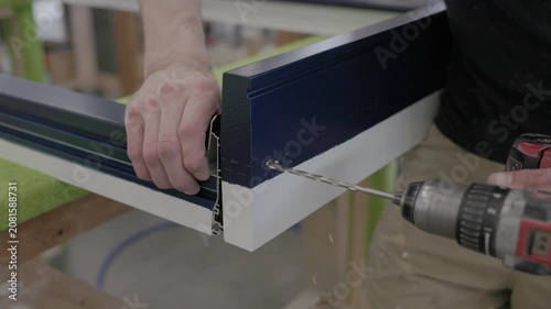 Close-up of a worker drilling into a black and white window frame profile during factory assembly, with hands and power tool visible