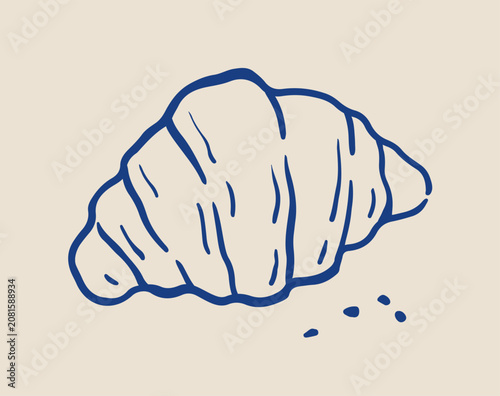 Hand-drawn plain croissant in minimal doodle style. Fresh french pastry isolated on a beige background. Simple bakery food illustration for menu, packaging or branding.