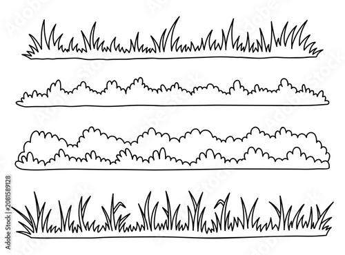 A set of bushes and grass isolated on a white background. Vector hand-drawn illustration in doodle style. Perfect for nature, spring, landscape, and outdoor design elements.