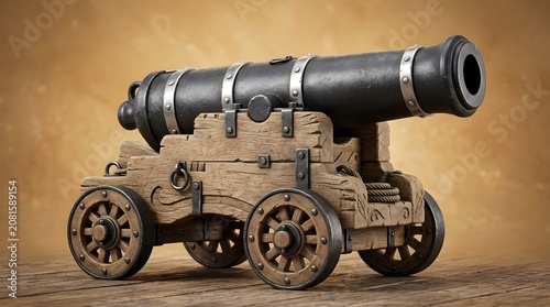 Antique iron cannon on wooden carriage standing on a textured surface