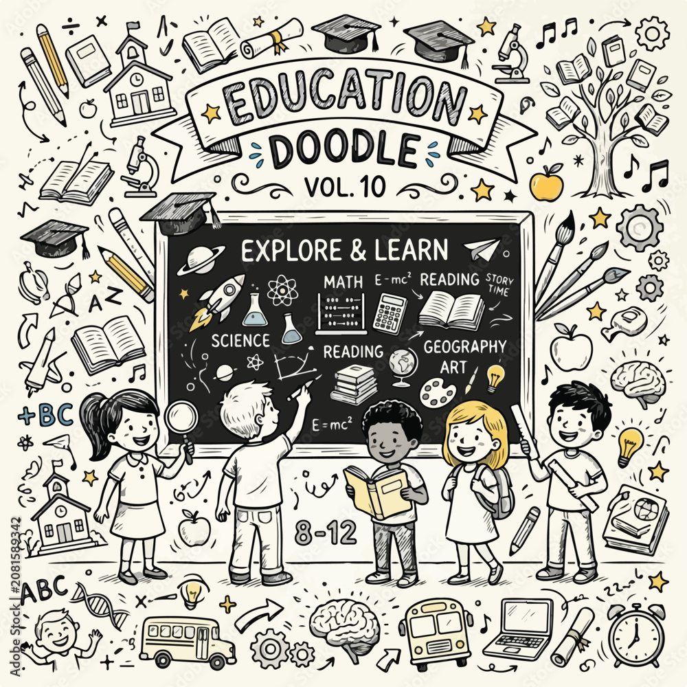 Obraz premium Colorful education doodle illustration of kids learning around a chalkboard, vol 10.