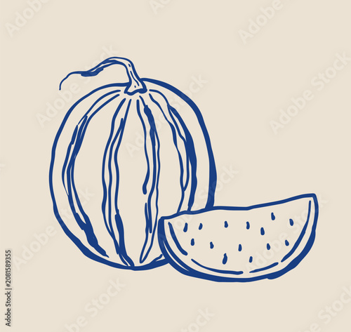 Hand-drawn vector illustration of a whole watermelon with a sliced wedge. Fresh summer fruit isolated on a beige background. Simple food sketch for menu, packaging, branding or decoration.