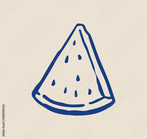 Hand-drawn watermelon slice illustration in minimal doodle style. Fresh summer fruit isolated on a beige background. Simple food sketch for menu, packaging, branding or decoration.
