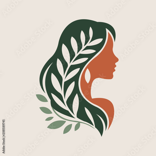 Woman Profile with Leaves Beauty Logo