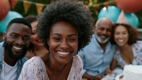 Group of friends smiling during outdoor birthday celebration