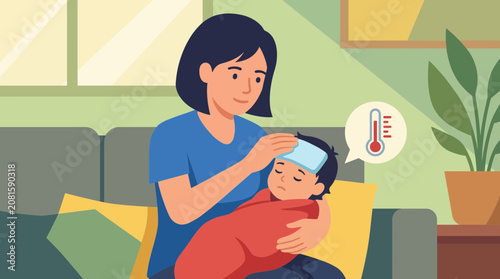 Foto Mother Comforting Feverish Toddler with Cold Compress