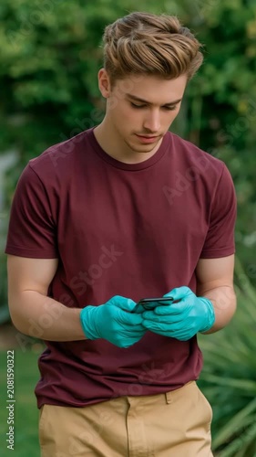 Young man using smartphone while standing in backyard garden