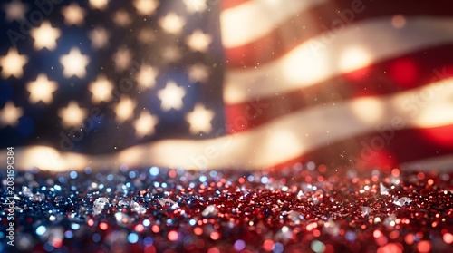 Blurred American flag background with red and blue glitter foreground