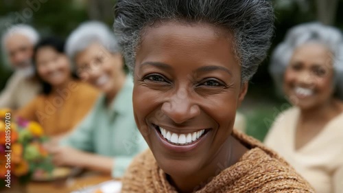 Senior woman smiling closeup at outdoor gathering table