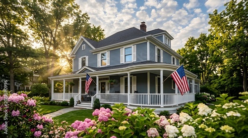 Classic American home with wrap around porch and flags at sunset