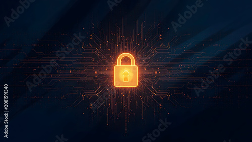 Cybersecurity digital padlock icon on circuit board background, glowing orange security lock for data protection, network safety concept