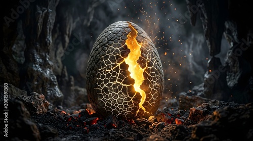 Cracked dragon egg with glowing golden interior hatching in dark cave